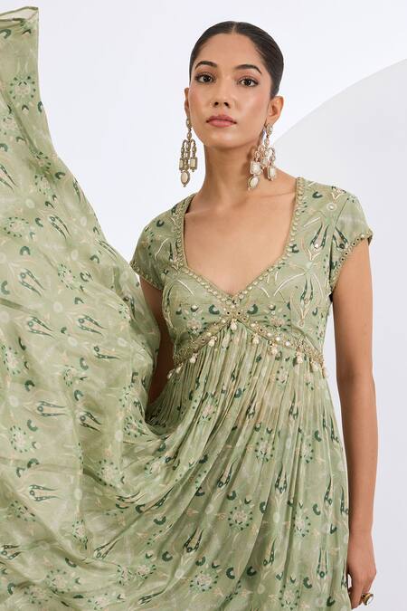 Neha Khullar_Green Viscose, Chinon Embroidery, Beads V-neck Mosaic Print Anarkali Set _Online_at_Aza_Fashions