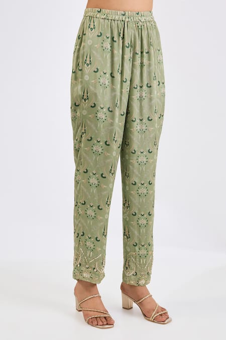 Buy_Neha Khullar_Green Viscose, Chinon Embroidery, Beads V-neck Mosaic Print Anarkali Set _Online_at_Aza_Fashions