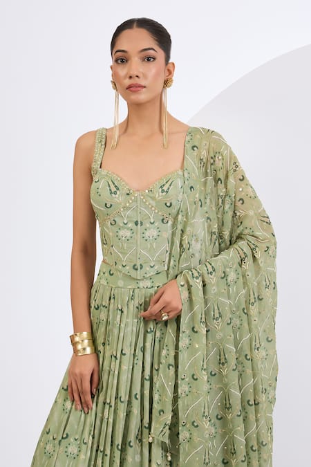 Buy Neha Khullar Green Viscose, Organza, Chinon Embroidery, Mosaic Print Hand Lehenga Set Online at Aza Fashions Buy_Neha Khullar_Green Viscose, Organza, Chinon Embroidery, Mosaic Print Hand Lehenga Set _Online_at_Aza_Fashions