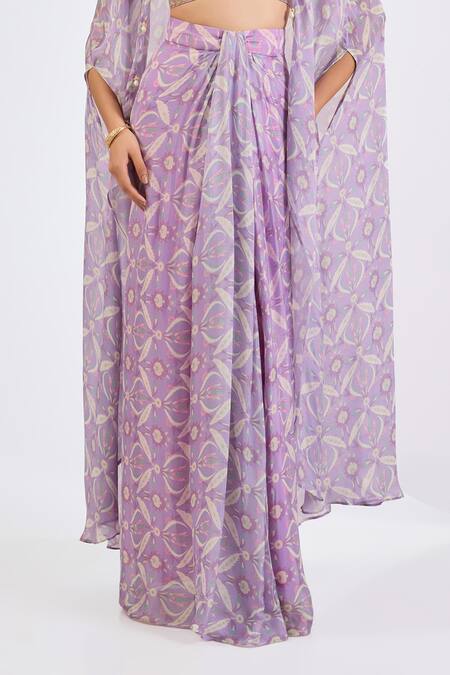 Neha Khullar_Lilac Viscose, Chinon Mirrors, Pearls V-neck Mosaic Print Drape Skirt Set _Online_at_Aza_Fashions