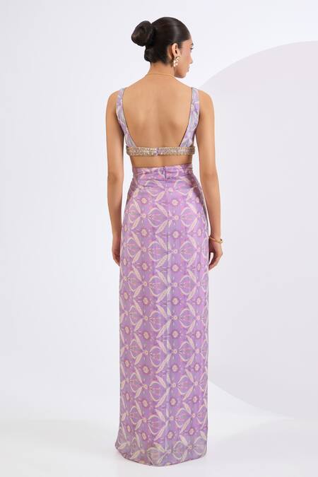Buy_Neha Khullar_Lilac Viscose, Chinon Mirrors, Pearls V-neck Mosaic Print Drape Skirt Set _Online_at_Aza_Fashions