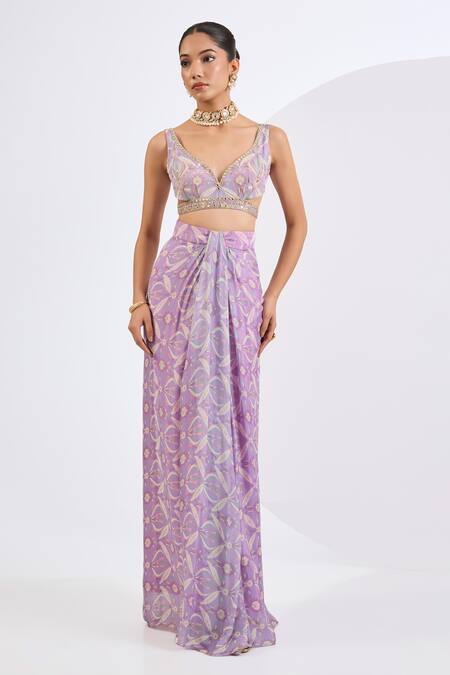 Shop_Neha Khullar_Lilac Viscose, Chinon Mirrors, Pearls V-neck Mosaic Print Drape Skirt Set _Online_at_Aza_Fashions