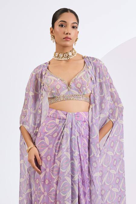 Neha Khullar_Lilac Viscose, Chinon Mirrors, Pearls V-neck Mosaic Print Drape Skirt Set _at_Aza_Fashions