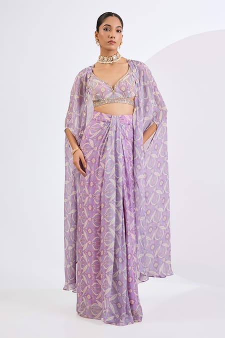 Neha Khullar Lilac Viscose, Chinon Mirrors, Pearls V-neck Mosaic Print Drape Skirt Set 