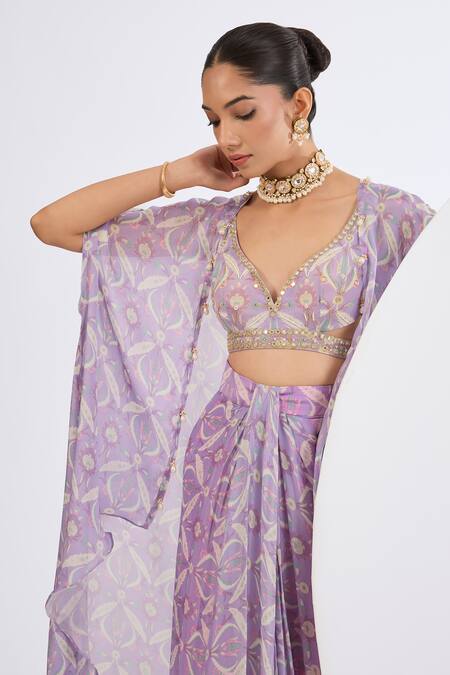 Buy_Neha Khullar_Lilac Viscose, Chinon Mirrors, Pearls V-neck Mosaic Print Drape Skirt Set 