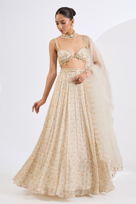 Neha Khullar Ivory Chinon, Organza, Chiffon Embroidery, Pearls, Mosaic Print Lehenga Set 