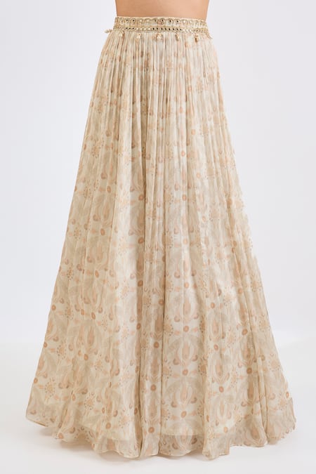 Neha Khullar_Ivory Chinon, Organza, Chiffon Embroidery, Pearls, Mosaic Print Lehenga Set _Online_at_Aza_Fashions