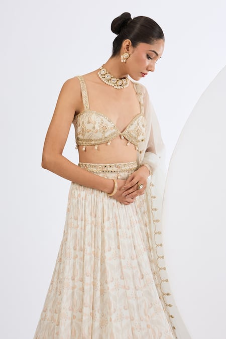 Buy_Neha Khullar_Ivory Chinon, Organza, Chiffon Embroidery, Pearls, Mosaic Print Lehenga Set _Online_at_Aza_Fashions