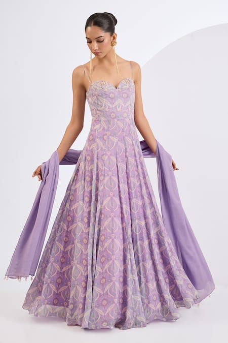 Neha Khullar Lilac Chinon, Chiffon Embroidery, Pearls, Mosaic Print Anarkali With Dupatta 