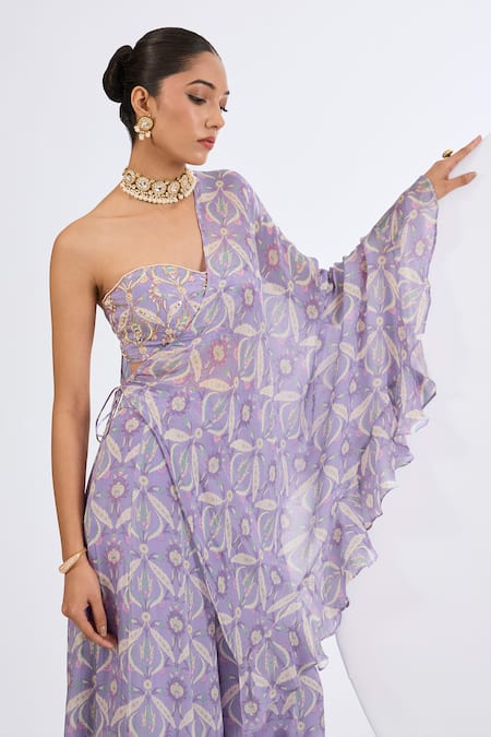 Neha Khullar Lilac , Chiffon, , Mosaic Print Cape Sharara Set at Aza Fashions Neha Khullar_Lilac , Chiffon, , Mosaic Print Cape Sharara Set _at_Aza_Fashions