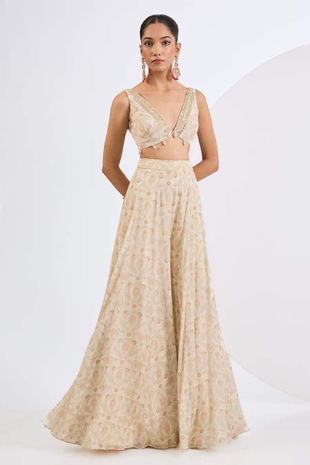 Neha Khullar_Ivory Chinon, Viscose, Chiffon Mirrors, Pearls Mosaic Print Jacket Sharara Set _Online_at_Aza_Fashions