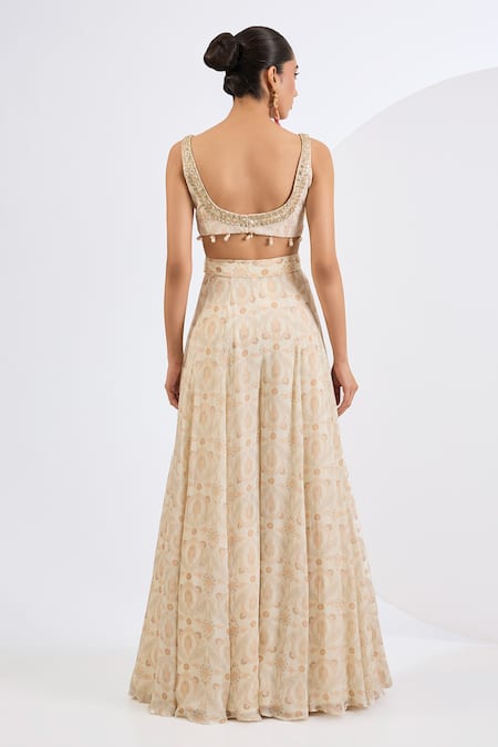 Buy_Neha Khullar_Ivory Chinon, Viscose, Chiffon Mirrors, Pearls Mosaic Print Jacket Sharara Set _Online_at_Aza_Fashions