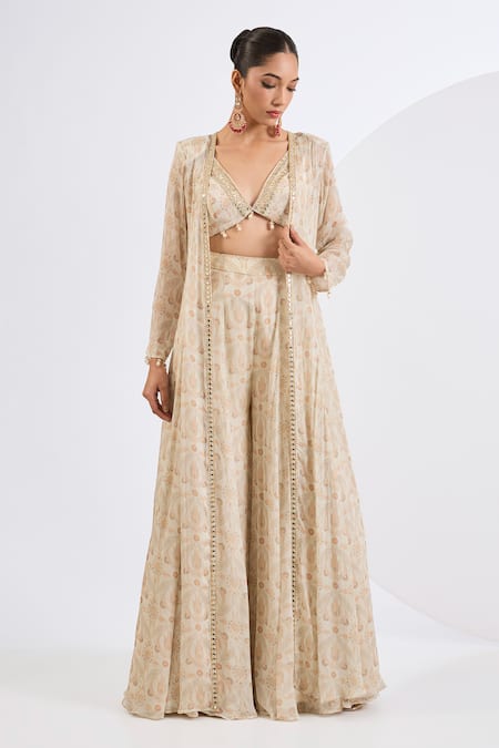 Neha Khullar Ivory Chinon, Viscose, Chiffon Mirrors, Pearls Mosaic Print Jacket Sharara Set 
