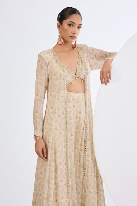 Shop_Neha Khullar_Ivory Chinon, Viscose, Chiffon Mirrors, Pearls Mosaic Print Jacket Sharara Set _Online_at_Aza_Fashions