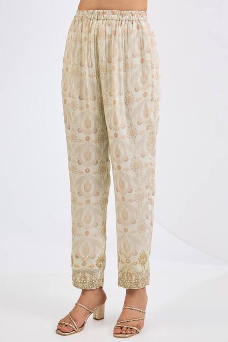 Neha Khullar_Ivory Chinon, Viscose, Chiffon Pearls, Mirrors, Mosaic Print Anarkali Set _Online_at_Aza_Fashions