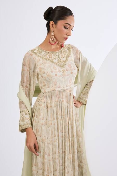 Buy_Neha Khullar_Ivory Chinon, Viscose, Chiffon Pearls, Mirrors, Mosaic Print Anarkali Set _Online_at_Aza_Fashions