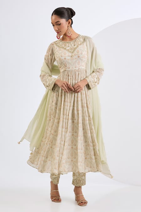 Neha Khullar Ivory Chinon, Viscose, Chiffon Pearls, Mirrors, Mosaic Print Anarkali Set 