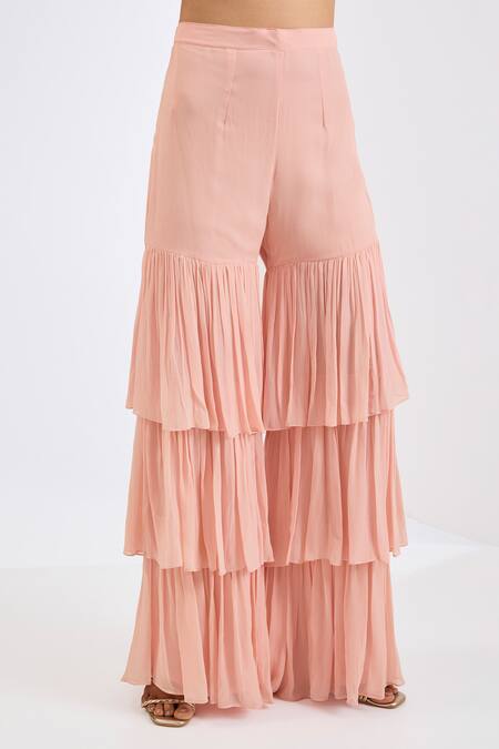 Neha Khullar_Peach Viscose, Georgette Embroidery, Sequins Round Neck Kurta Gharara Set _Online_at_Aza_Fashions