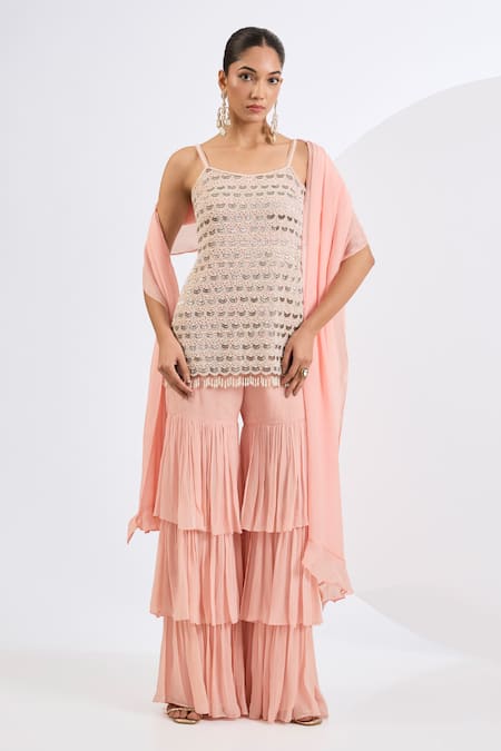Neha Khullar Peach Embroidered Kurta Gharara Set 