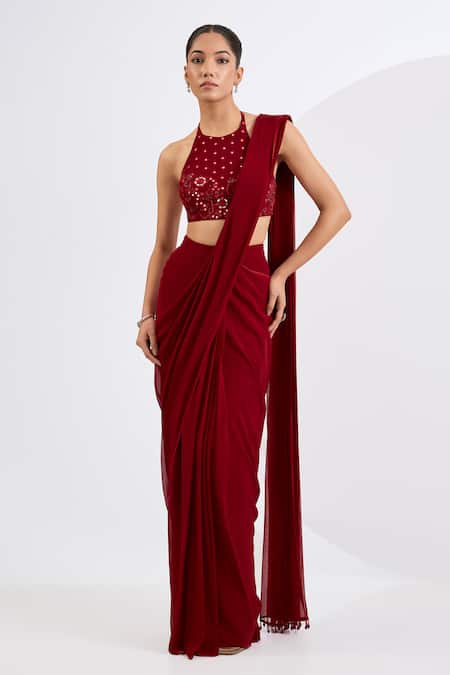 Neha Khullar Deep Red Pre-Draped Saree Set 