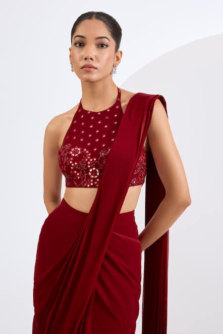 Neha Khullar Deep Red Pre-Draped Saree Set 