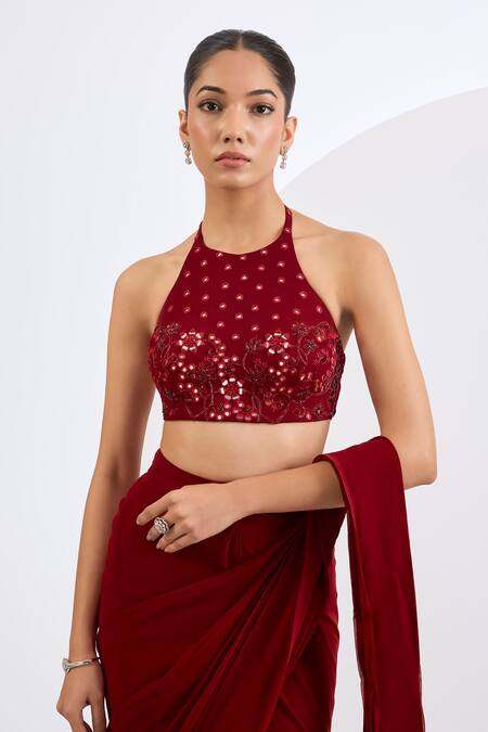 Neha Khullar_Red Viscose, Georgette Cut Work, Mirrors, Sequins Deep Pre-draped Saree Set _Online_at_Aza_Fashions