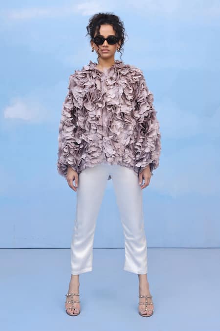 Buy Couché By Anandini Purple Silk Fabric Flowers Collared Stitch Floral Shirt Online at Aza Fashions Buy_Couché By Anandini_Purple Silk Fabric Flowers Collared Stitch Floral Shirt _Online_at_Aza_Fashions