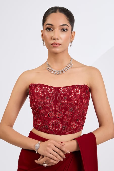 Neha Khullar_Red Viscose, Georgette, Crepe Cut Work, Mirrors, Deep Pre-draped Saree Set _Online_at_Aza_Fashions