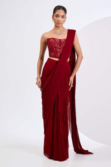 Neha Khullar Deep Red Pre-Draped Saree Set 