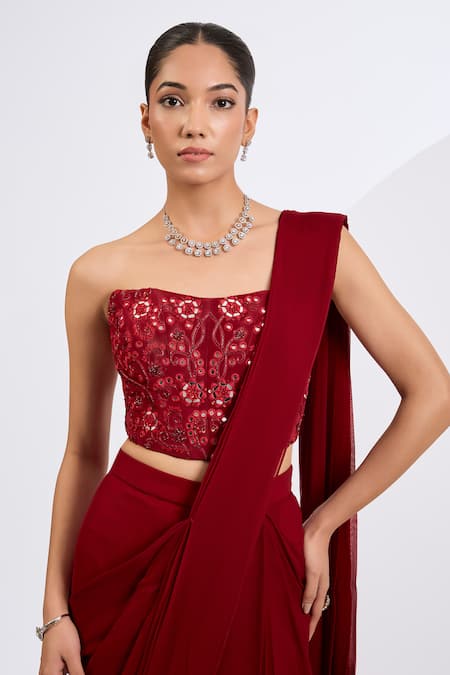 Buy_Neha Khullar_Red Viscose, Georgette, Crepe Cut Work, Mirrors, Deep Pre-draped Saree Set _Online_at_Aza_Fashions