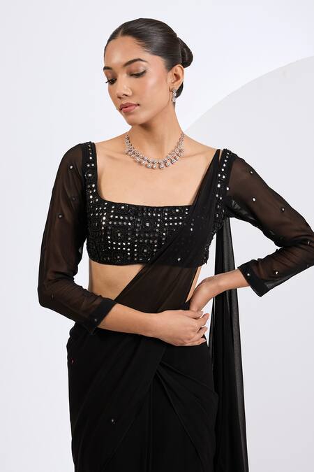 Neha Khullar_Black Viscose, Georgette Cut Work, Mirrors, Sequins Square Pre-draped Saree Set _Online_at_Aza_Fashions