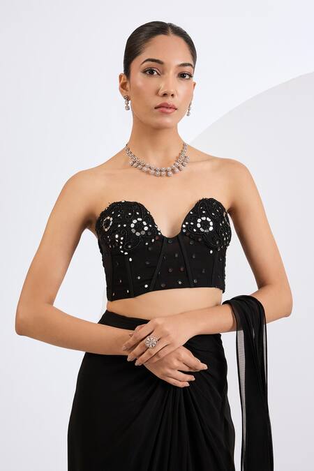 Neha Khullar Black Viscose, Georgette Cut Work, Cutdana Embellished Pre-draped Saree Set Online at Aza Fashions Neha Khullar_Black Viscose, Georgette Cut Work, Cutdana Embellished Pre-draped Saree Set _Online_at_Aza_Fashions