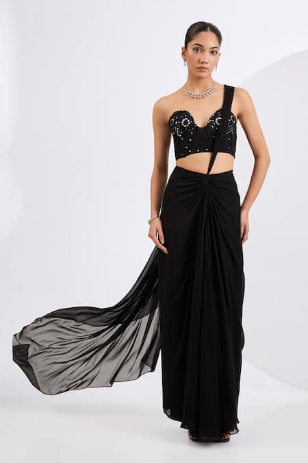 Neha Khullar Black Cutdana Embellished Pre-Draped Saree Set 