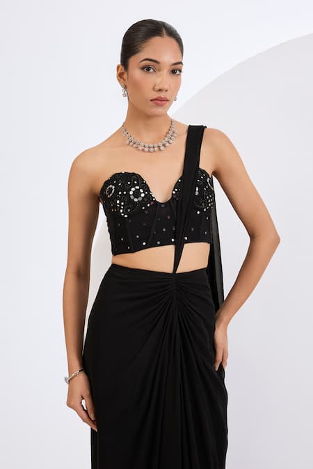 Buy Neha Khullar Black Viscose, Georgette Cut Work, Cutdana Embellished Pre-draped Saree Set Online at Aza Fashions Buy_Neha Khullar_Black Viscose, Georgette Cut Work, Cutdana Embellished Pre-draped Saree Set _Online_at_Aza_Fashions