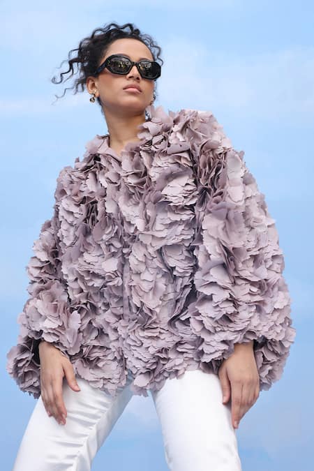 COUCHÉ BY ANANDINI Purple Silk, Crepe Round Neck Designer Floral Shirt 