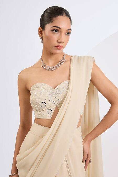 Buy_Neha Khullar_Off White Georgette, Crepe, Viscose Antique Cutdana Embroidered Lehenga Set _Online_at_Aza_Fashions