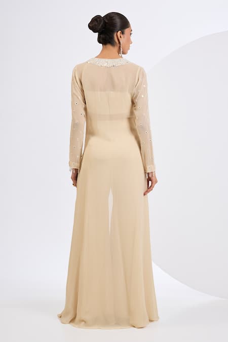 Shop Neha Khullar Off White Viscose Georgette, Viscose, Antique Embroidered Cape And Sharara Set at Aza Fashions Shop_Neha Khullar_Off White Viscose Georgette, Viscose, Antique Embroidered Cape And Sharara Set _at_Aza_Fashions