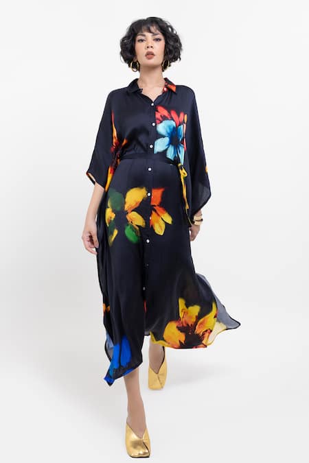 Pop Sugar Black Vegan Silk Collared Floral Print Kaftan