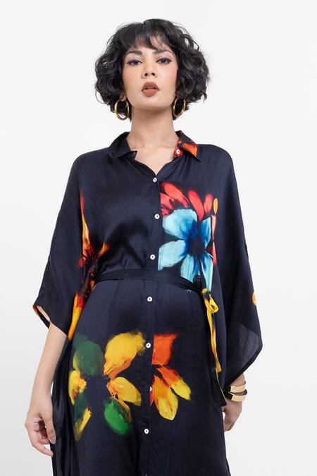 Pop Sugar_Black Vegan Silk Collared Floral Print Kaftan _Online_at_Aza_Fashions