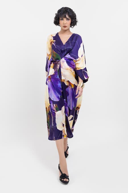 Pop Sugar Purple Vegan Silk V-neck Floral Print Kimono Dress