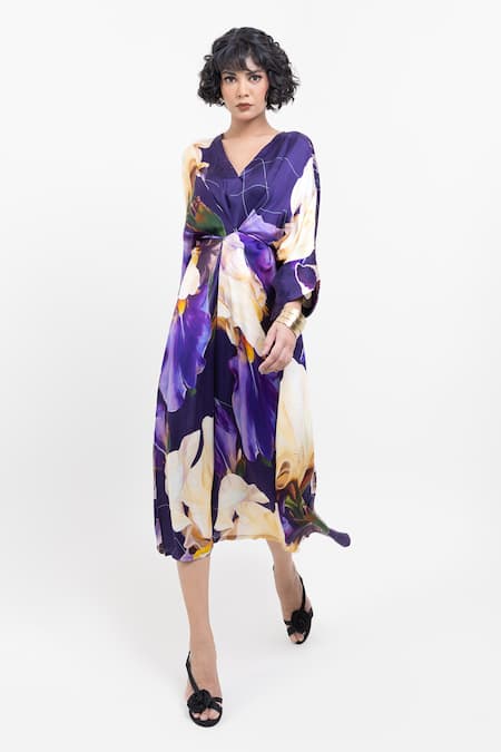 Pop Sugar_Purple Vegan Silk V-neck Floral Print Kimono Dress _Online_at_Aza_Fashions