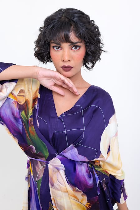 Buy_Pop Sugar_Purple Vegan Silk V-neck Floral Print Kimono Dress _Online_at_Aza_Fashions