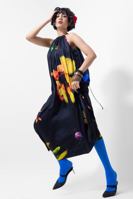 Pop Sugar_Black Silk Halter Neck Floral Print Maxi Dress _Online_at_Aza_Fashions