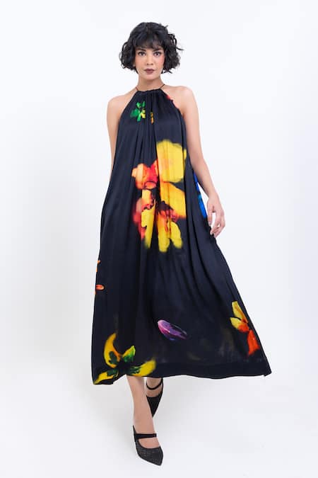 Pop Sugar Black Silk Halter Neck Floral Print Maxi Dress