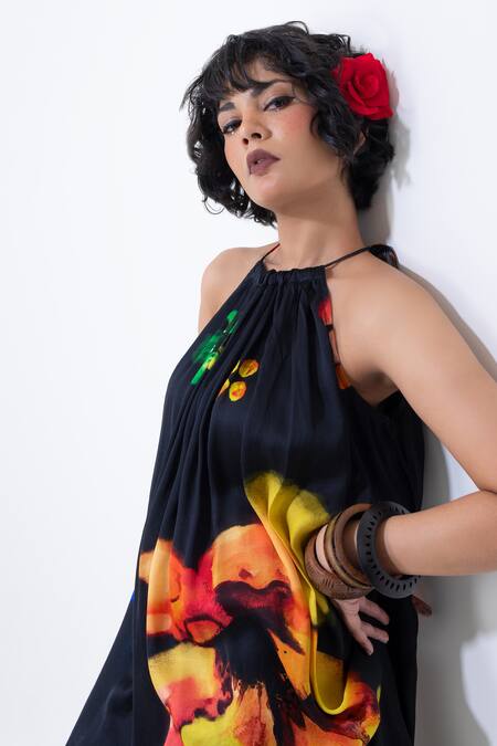 Buy_Pop Sugar_Black Silk Halter Neck Floral Print Maxi Dress _Online_at_Aza_Fashions