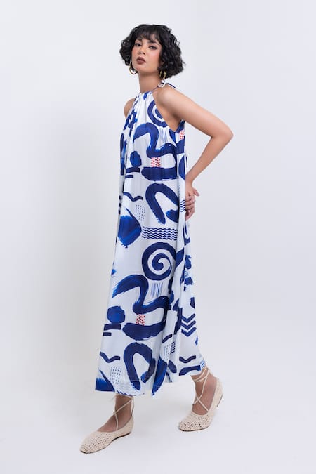 Pop Sugar_Blue Silk Halter Neck And White Maxi Dress _Online_at_Aza_Fashions