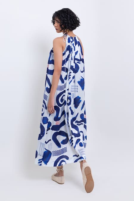 Pop Sugar Blue & White Halter Neck Maxi Dress 