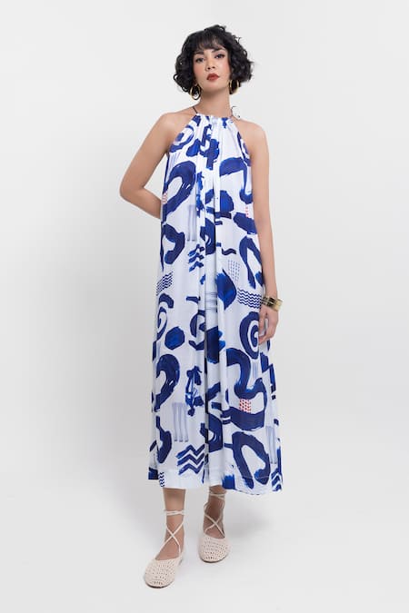 Pop Sugar Blue Silk Halter Neck And White Maxi Dress