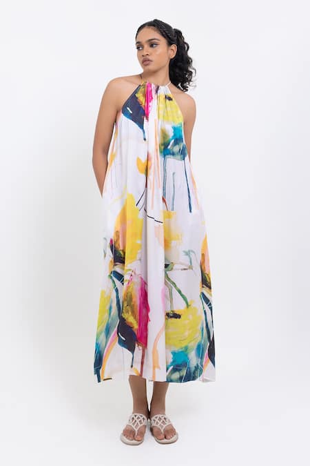 Pop Sugar Pink Vegan Silk Halter Neck Multi Colour Maxi Dress