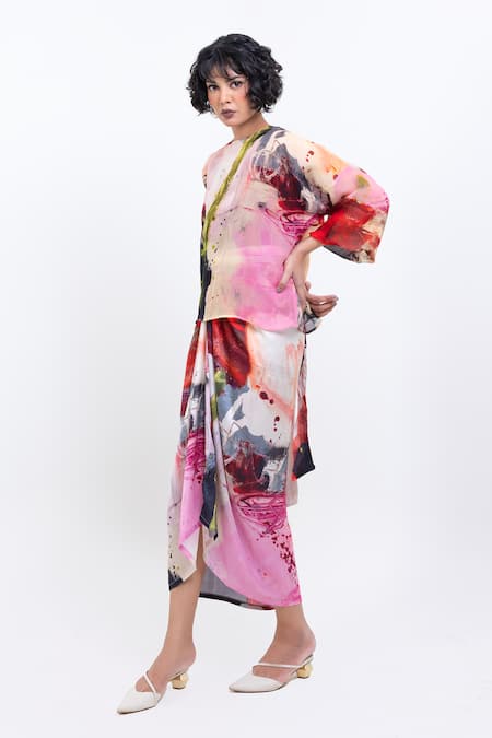 Pop Sugar_Pink Vegan Silk Multi Colour Skirt _Online_at_Aza_Fashions